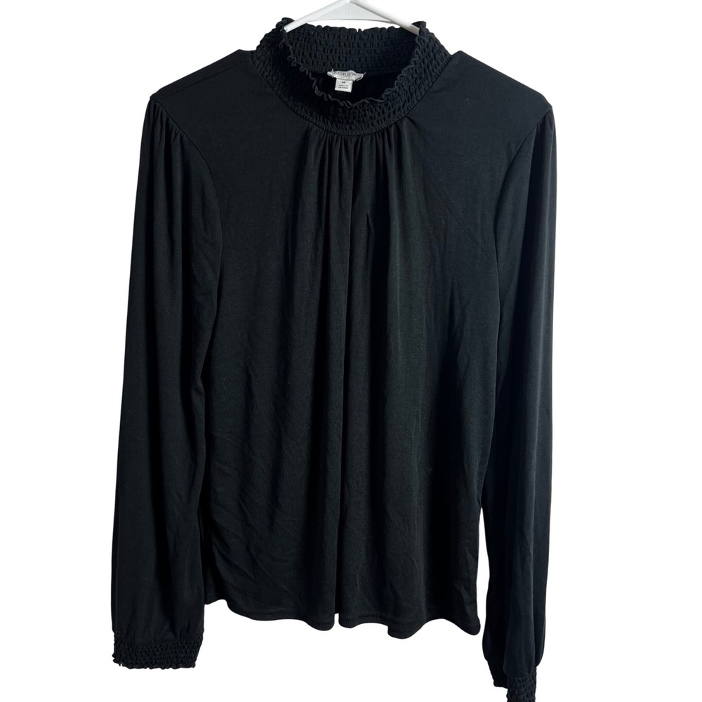 J. Crew Black Mock Neck Blouse Size Medium Long Sleeves Shirred‎ Minimalist NEW
